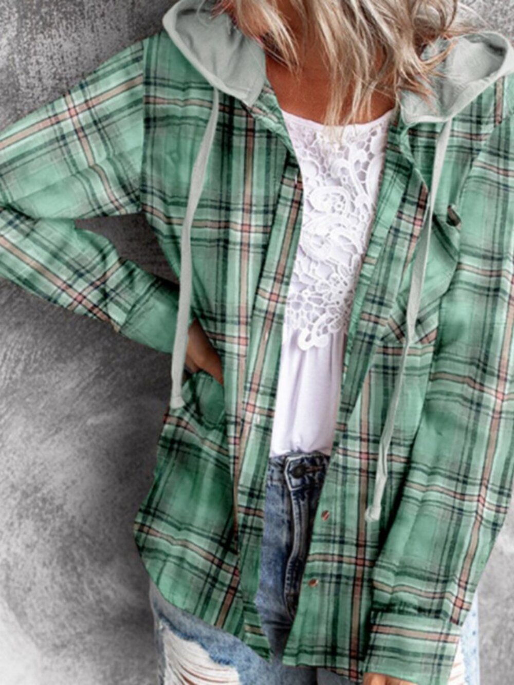 Women's Light Green Plaid Hooded Pullover Shirt Casual Long Sleeve Top
